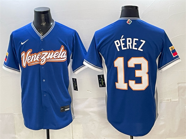 Men's Venezuela Baseball #13 Salvador Pérez Royal 2026 World Baseball Classic Road Stadium Stitched Jersey